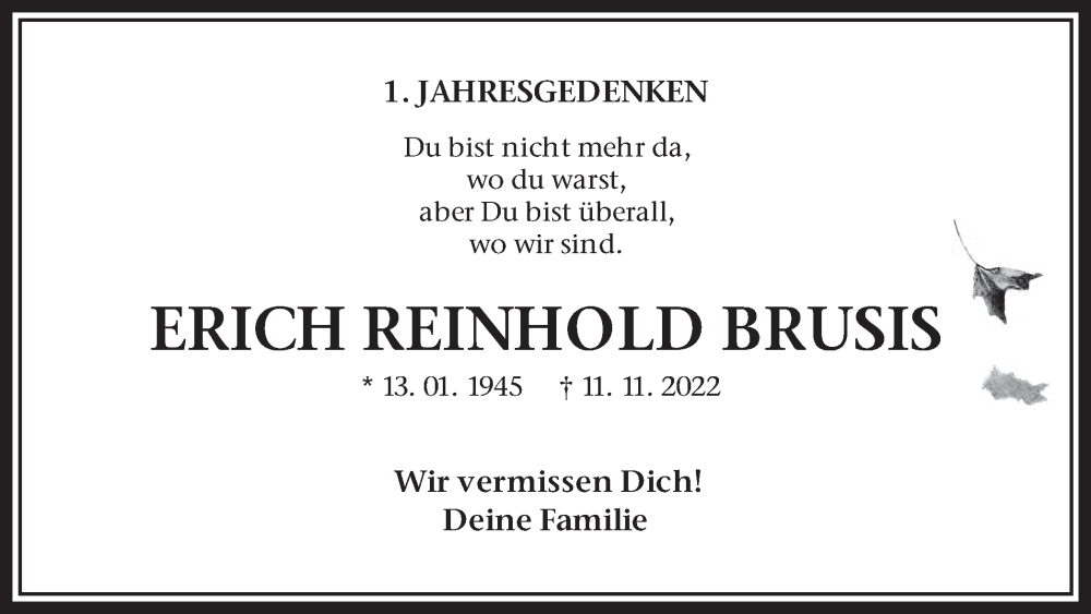  Traueranzeige für Erich Reinhold Brusis vom 11.11.2023 aus Medienhaus Bauer