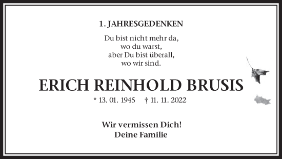 Traueranzeige von Erich Reinhold Brusis von Medienhaus Bauer