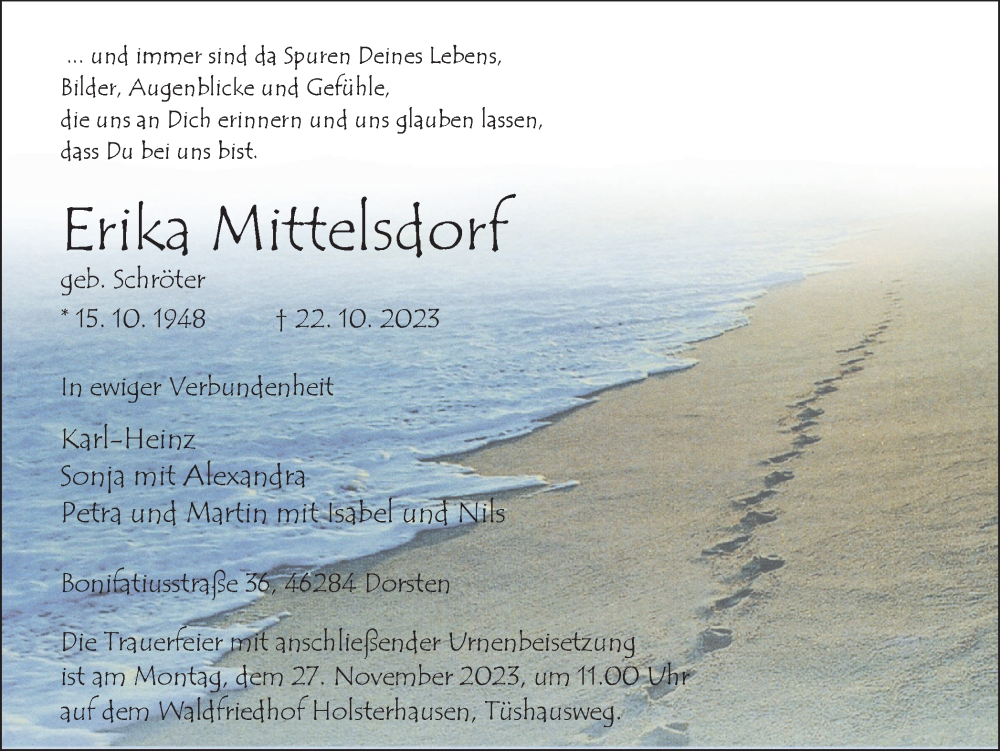 Traueranzeige für Erika Mittelsdorf vom 20.11.2023 aus Ruhr Nachrichten und Dorstener Zeitung