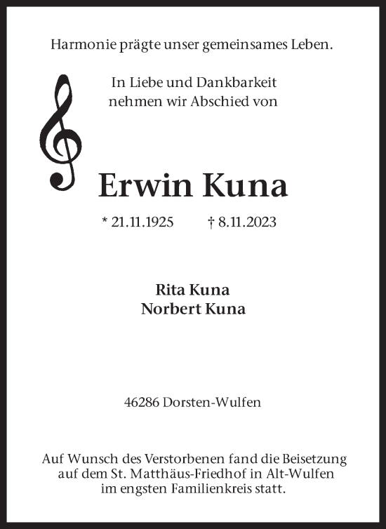 Traueranzeige von Erwin Kuna von Medienhaus Bauer