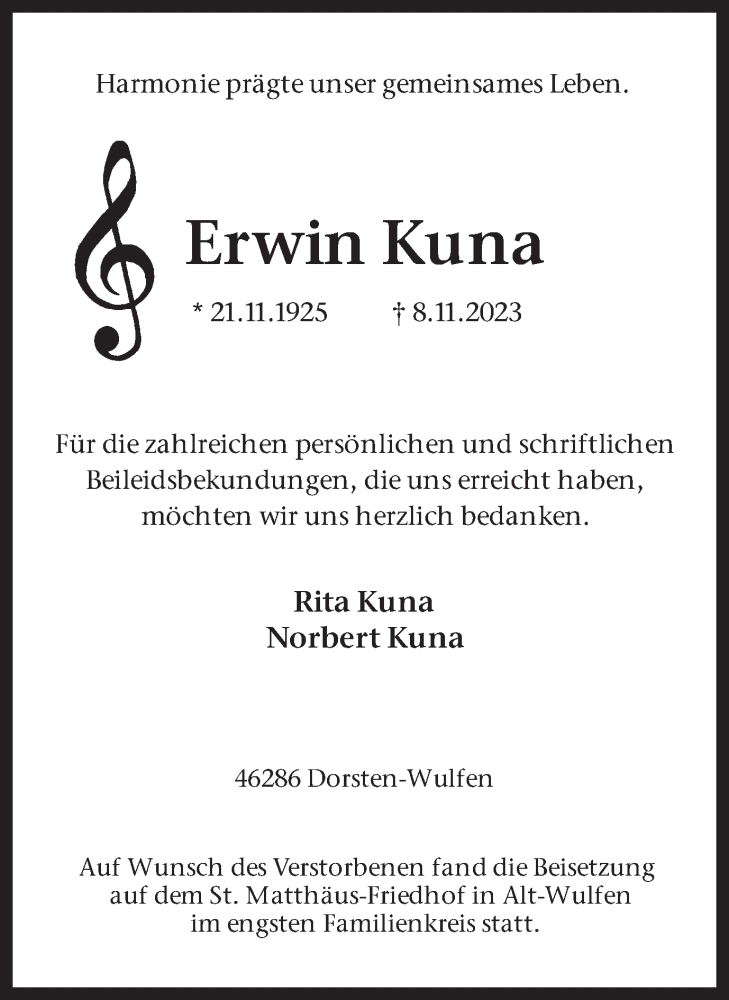  Traueranzeige für Erwin Kuna vom 25.11.2023 aus Ruhr Nachrichten und Dorstener Zeitung