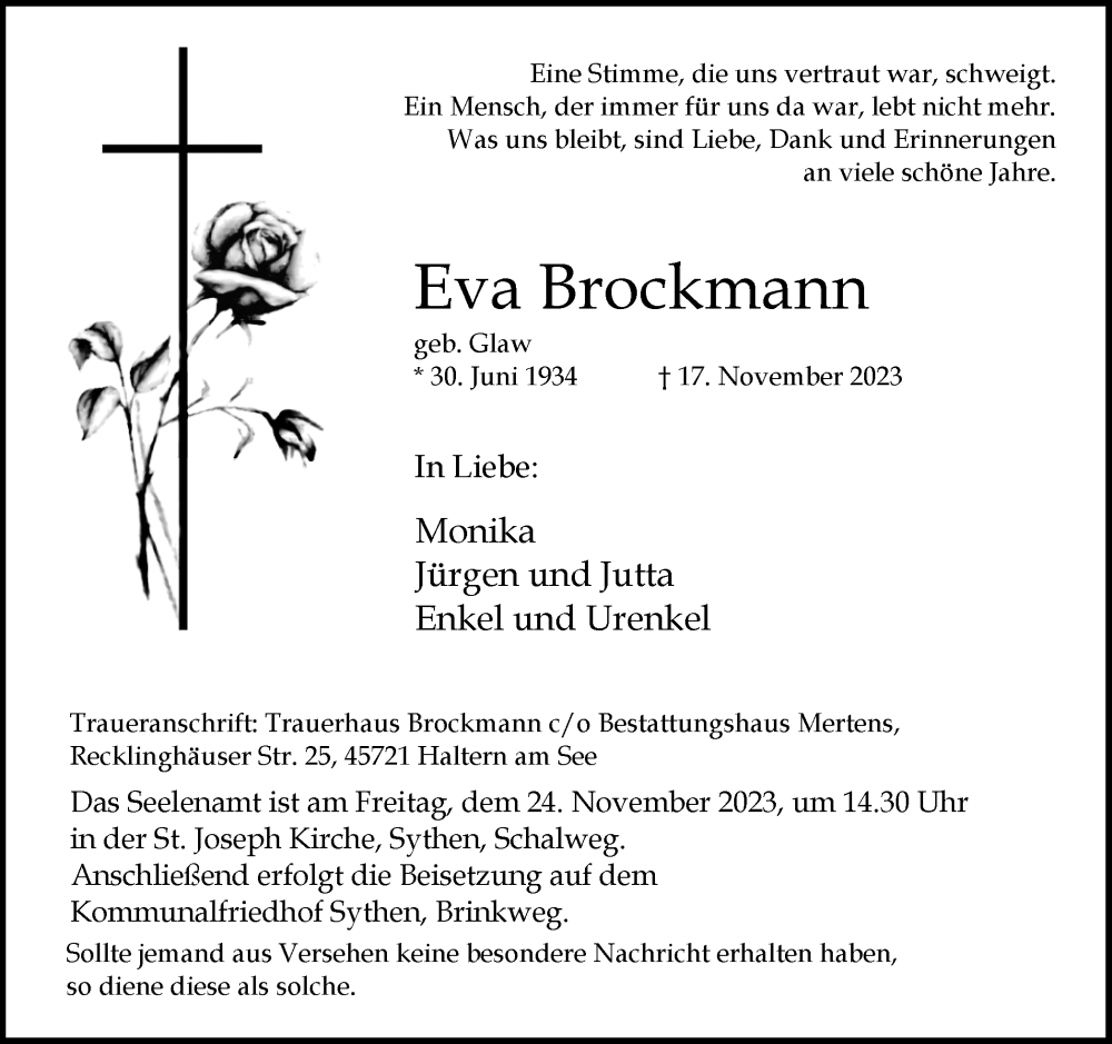  Traueranzeige für Eva Brockmann vom 21.11.2023 aus Ruhr Nachrichten und Halterner Zeitung