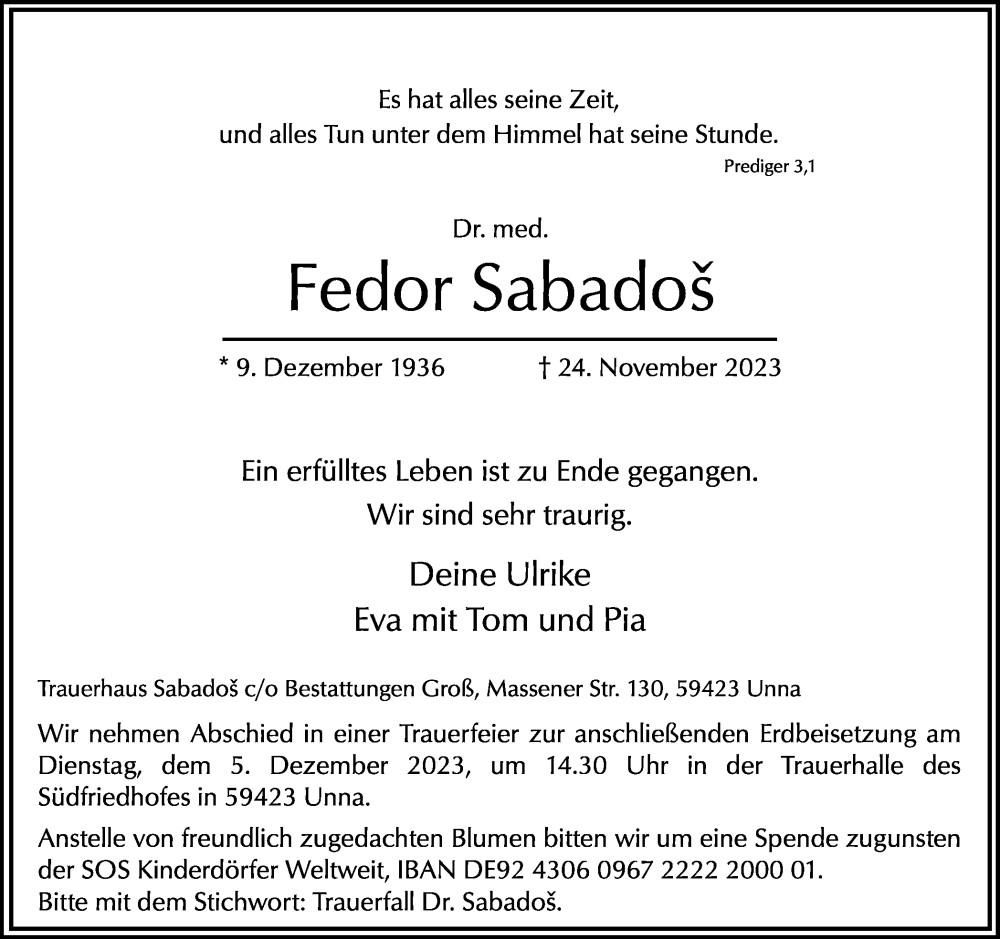  Traueranzeige für Fedor Sabados vom 29.11.2023 aus Hellweger Anzeiger