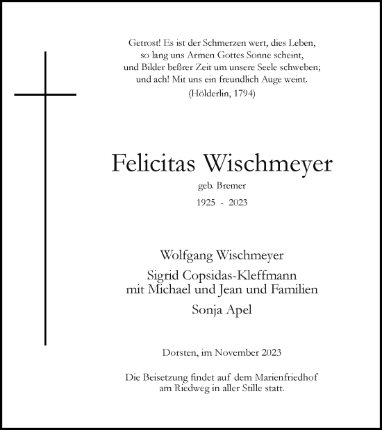 Traueranzeige von Felicitas Wischmeyer von Ruhr Nachrichten und Dorstener Zeitung