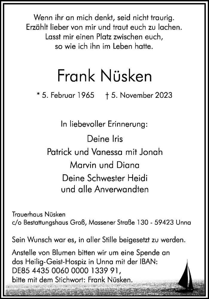  Traueranzeige für Frank Nüsken vom 18.11.2023 aus Hellweger Anzeiger