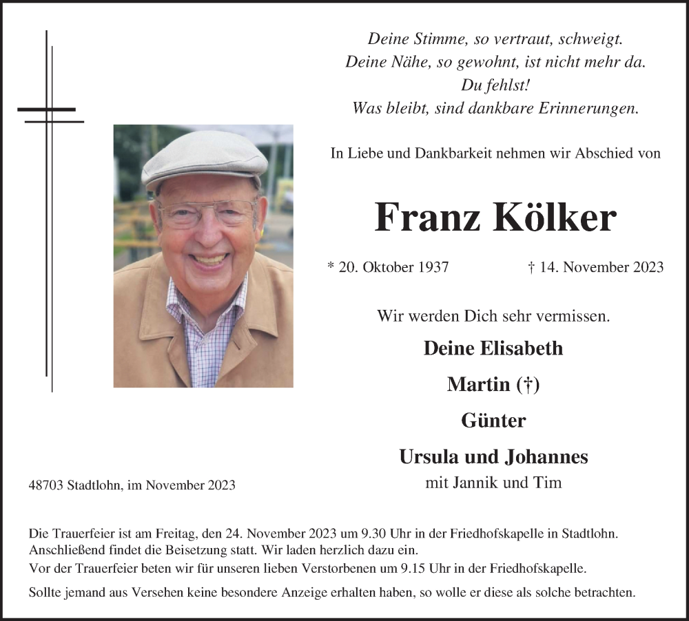  Traueranzeige für Franz Kölker vom 21.11.2023 aus Münstersche Zeitung und Münsterland Zeitung
