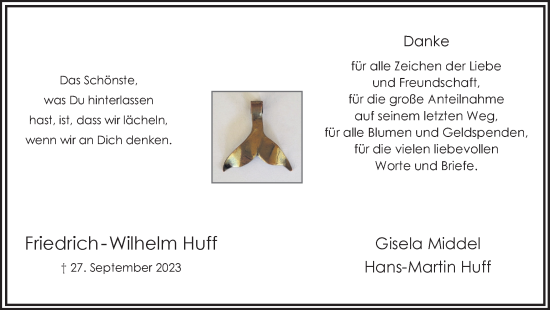 Traueranzeige von Friedrich-Wilhelm Huff von Hellweger Anzeiger