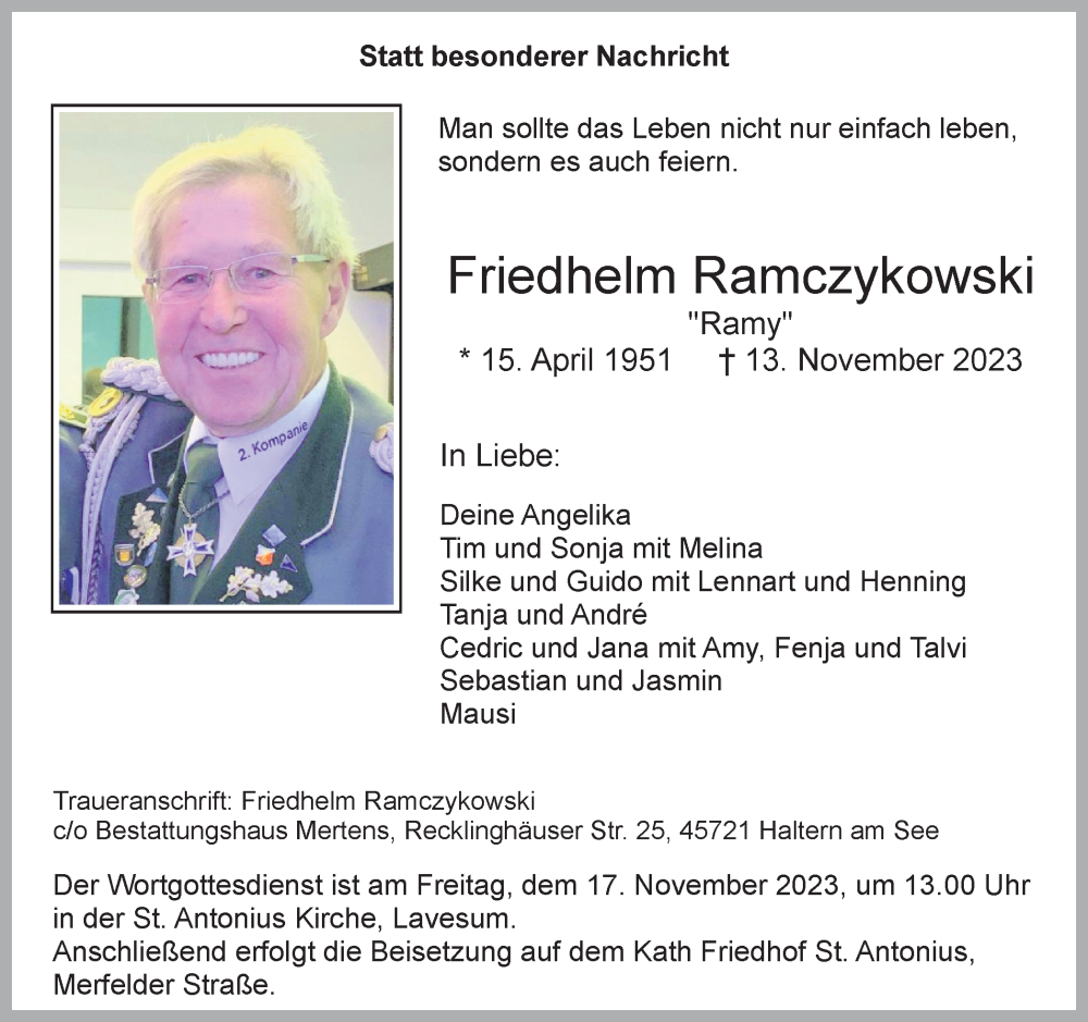  Traueranzeige für Friehelm Ramczykowski vom 15.11.2023 aus Ruhr Nachrichten und Halterner Zeitung