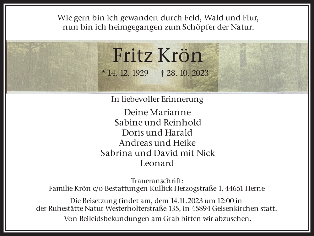  Traueranzeige für Fritz Krön vom 04.11.2023 aus Medienhaus Bauer