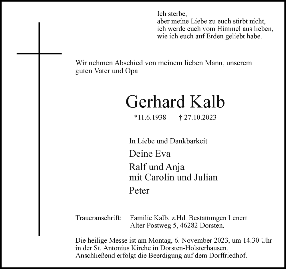  Traueranzeige für Gerhard Kalb vom 03.11.2023 aus Ruhr Nachrichten und Dorstener Zeitung
