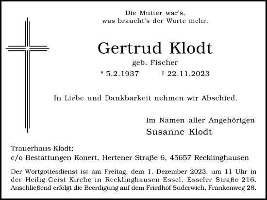 Traueranzeige von Gertrud Klodt von Medienhaus Bauer
