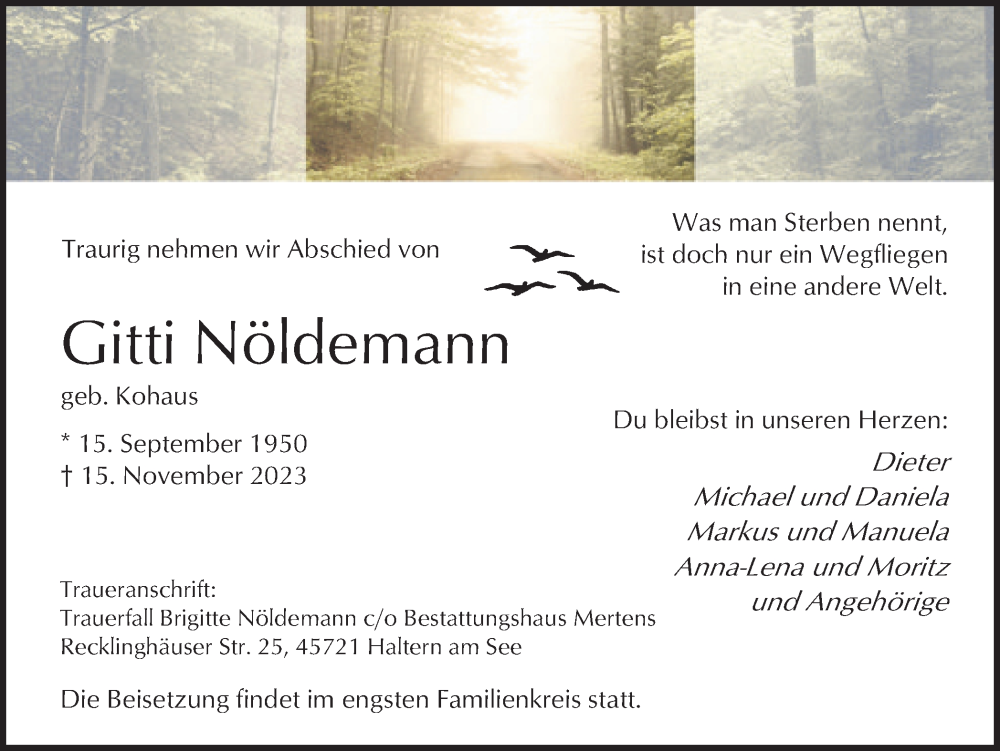  Traueranzeige für Gitti Nöldemann vom 21.11.2023 aus Ruhr Nachrichten und Halterner Zeitung