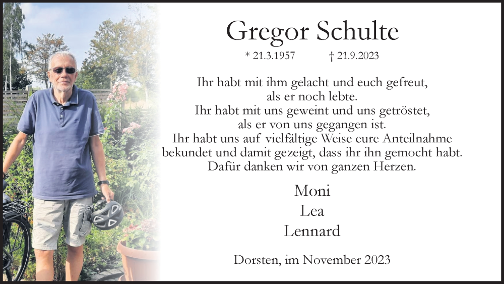  Traueranzeige für Gregor Schulte vom 11.11.2023 aus Ruhr Nachrichten und Dorstener Zeitung