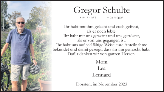 Traueranzeige von Gregor Schulte von Ruhr Nachrichten und Dorstener Zeitung