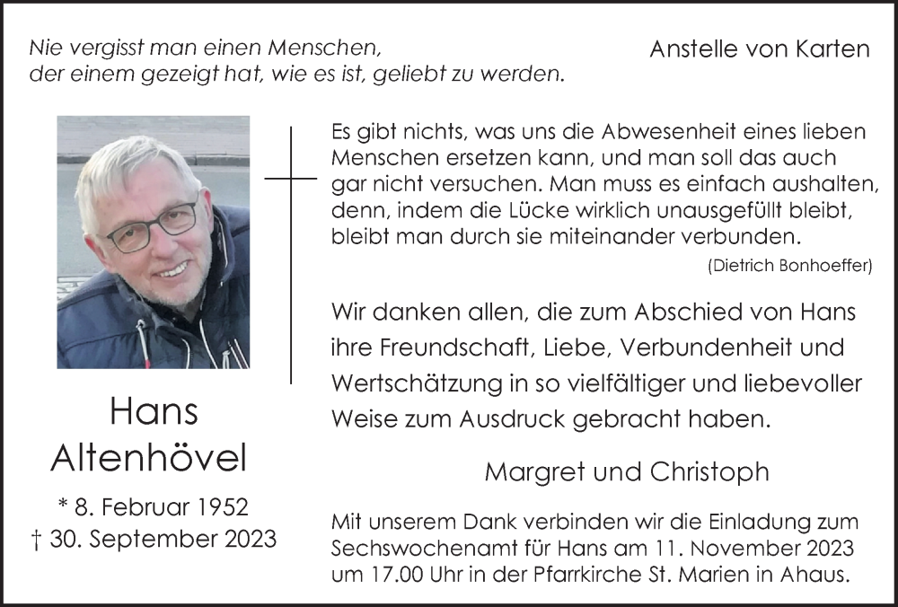  Traueranzeige für Hans Altenhövel vom 08.11.2023 aus Münstersche Zeitung und Münsterland Zeitung