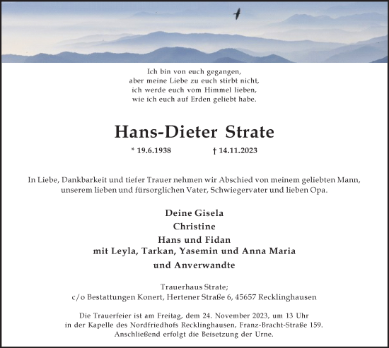 Traueranzeige von Hans-Dieter Strate von Medienhaus Bauer
