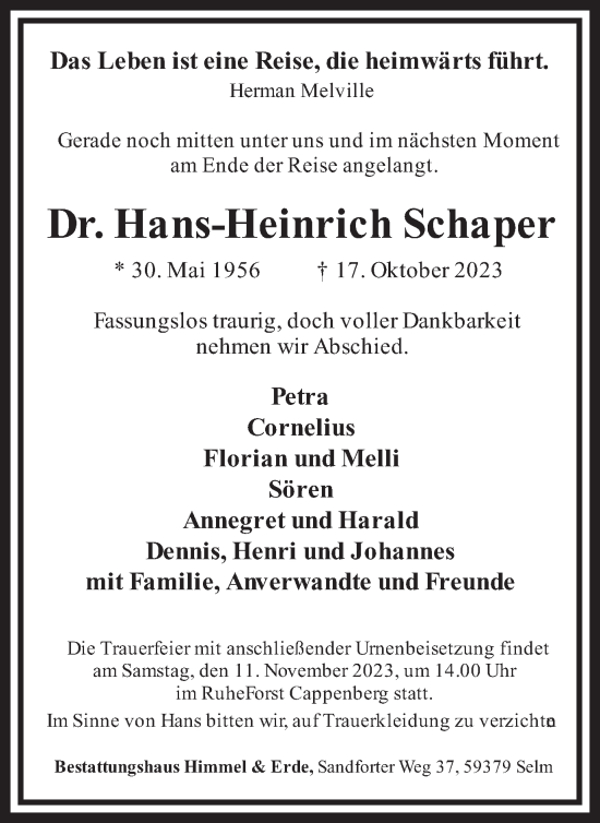 Traueranzeigen von Hans-Heinrich Schaper | sich-erinnern.de