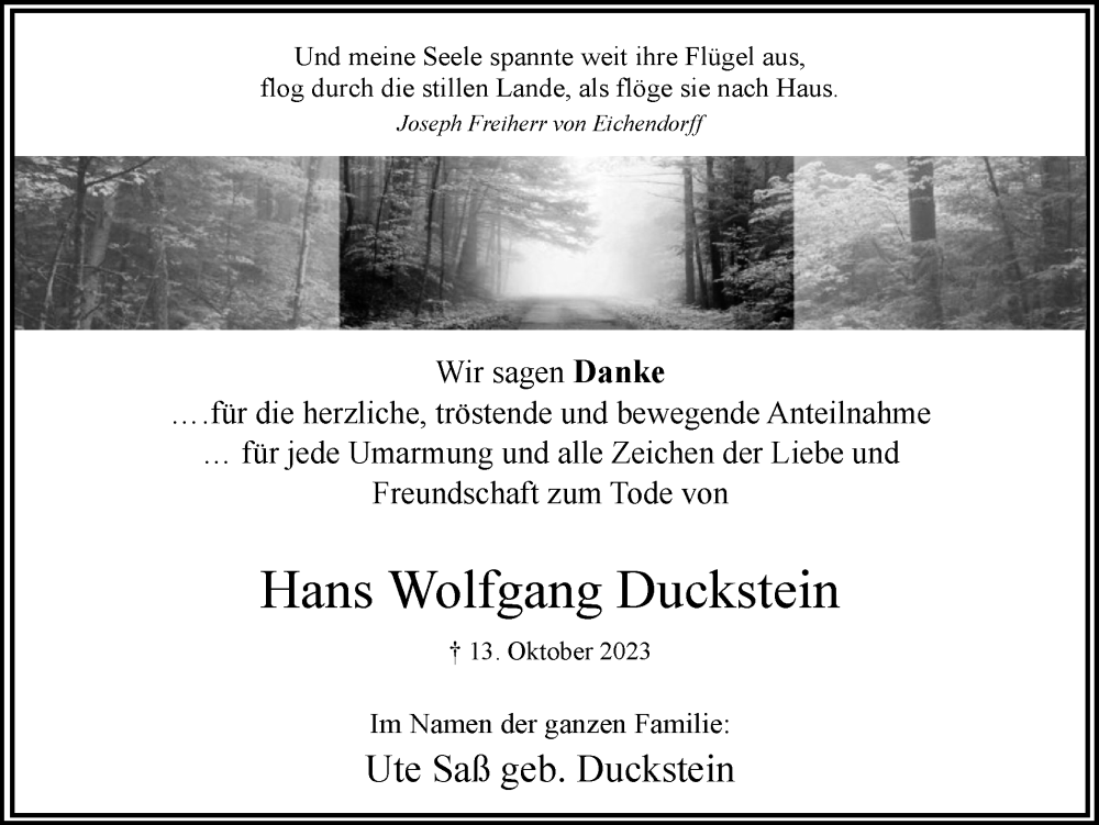  Traueranzeige für Hans Wolfgang Duckstein vom 25.11.2023 aus Hellweger Anzeiger