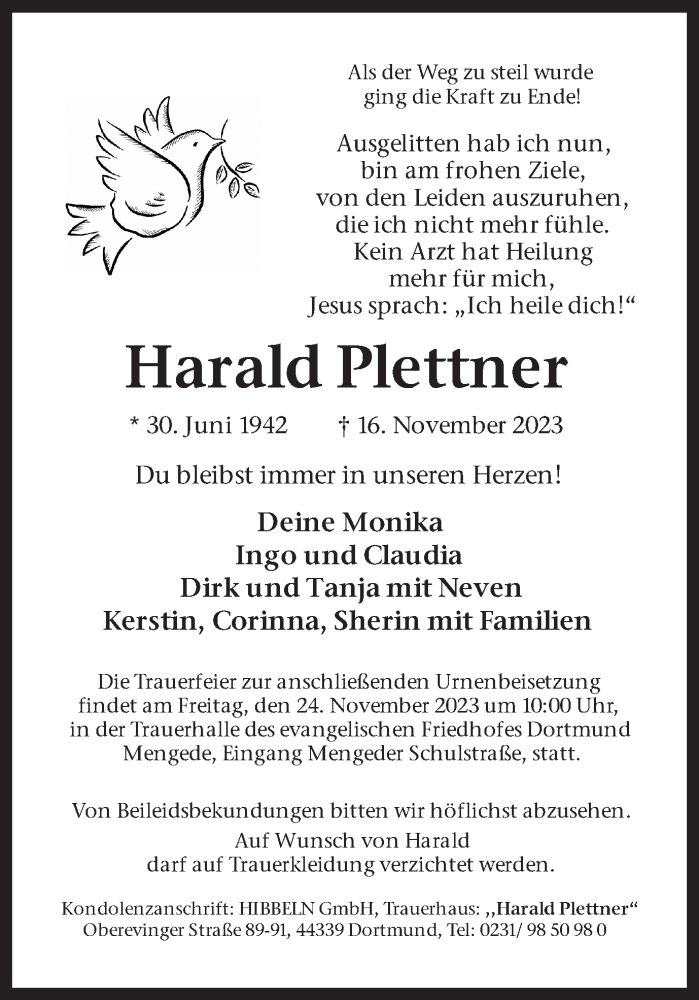  Traueranzeige für Harald Plettner vom 21.11.2023 aus 