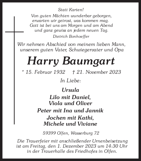Traueranzeige von Harry Baumgart von Ruhr Nachrichten