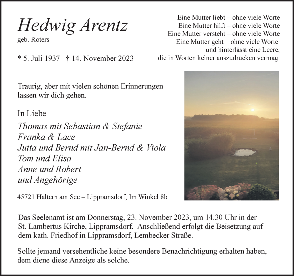  Traueranzeige für Hedwig Arentz vom 18.11.2023 aus Ruhr Nachrichten und Halterner Zeitung