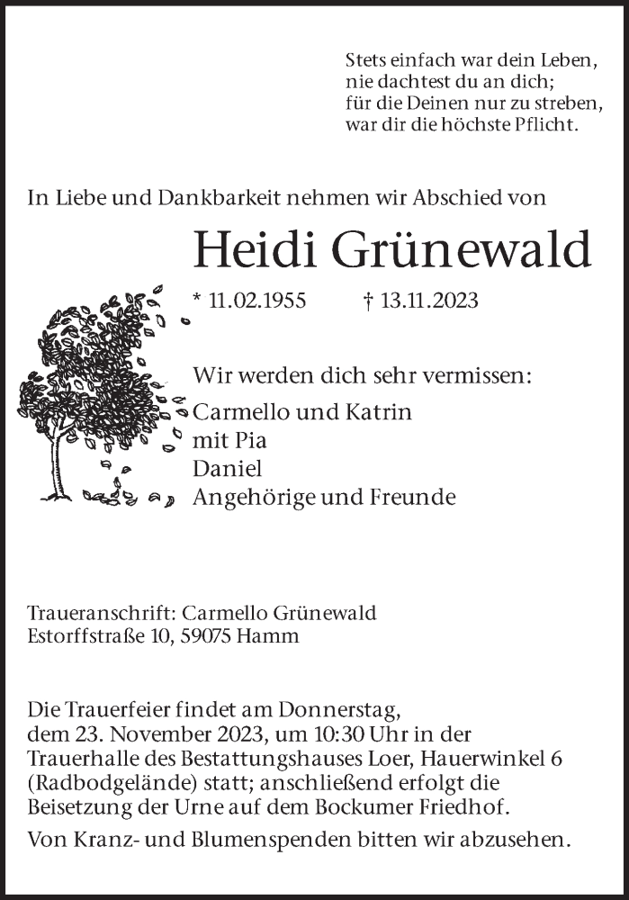  Traueranzeige für Heidi Grünewald vom 18.11.2023 aus Hellweger Anzeiger
