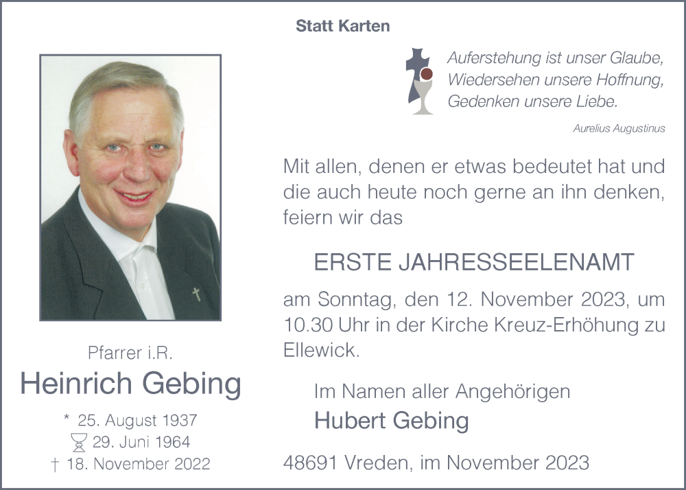  Traueranzeige für Heinrich Gebing vom 04.11.2023 aus Münstersche Zeitung und Münsterland Zeitung