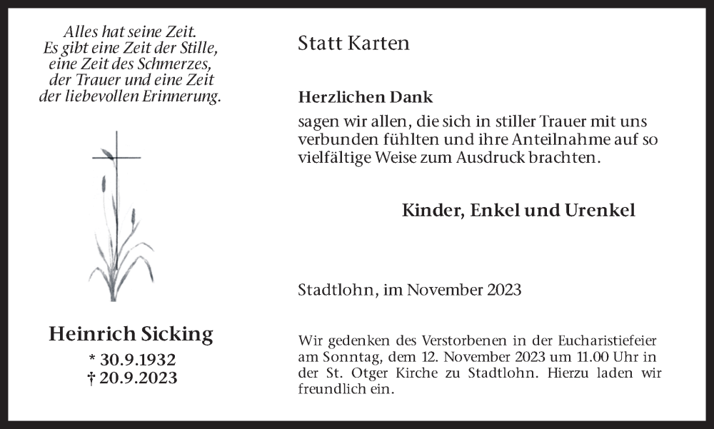  Traueranzeige für Heinrich Sicking vom 08.11.2023 aus Münstersche Zeitung und Münsterland Zeitung