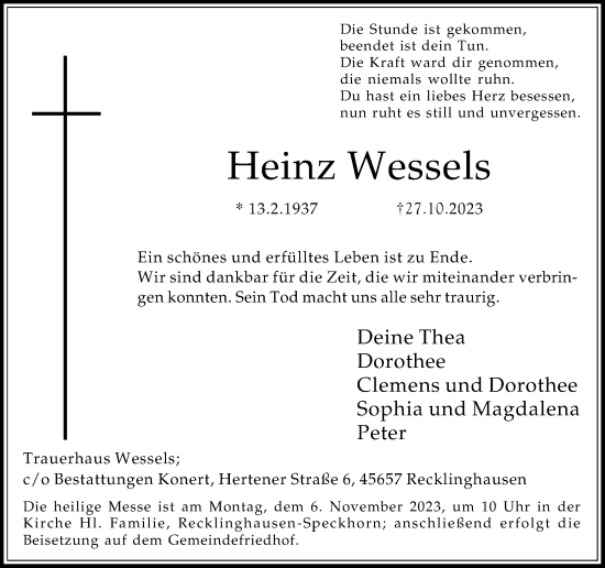 Traueranzeige von Heinz Wessels von Medienhaus Bauer