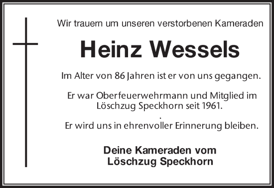 Traueranzeige von Heinz Wessels von Medienhaus Bauer