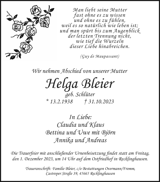 Traueranzeige von Helga Bleier von Medienhaus Bauer