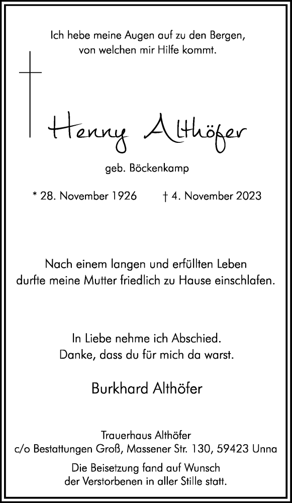  Traueranzeige für Henny Althöfer vom 18.11.2023 aus Hellweger Anzeiger