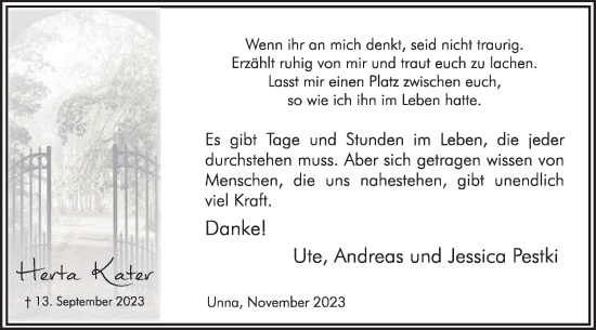 Traueranzeige von Herta Kater von Hellweger Anzeiger