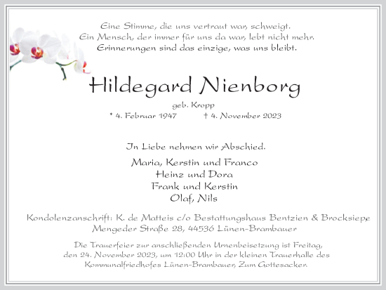 Traueranzeige von Hildegard Nienborg 
