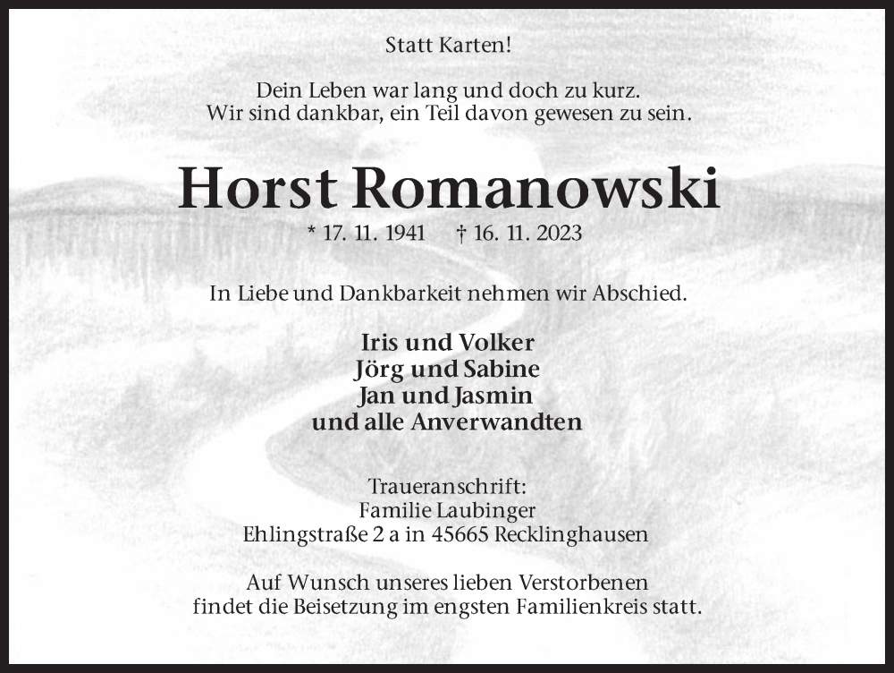  Traueranzeige für Horst Romanowski vom 18.11.2023 aus Medienhaus Bauer