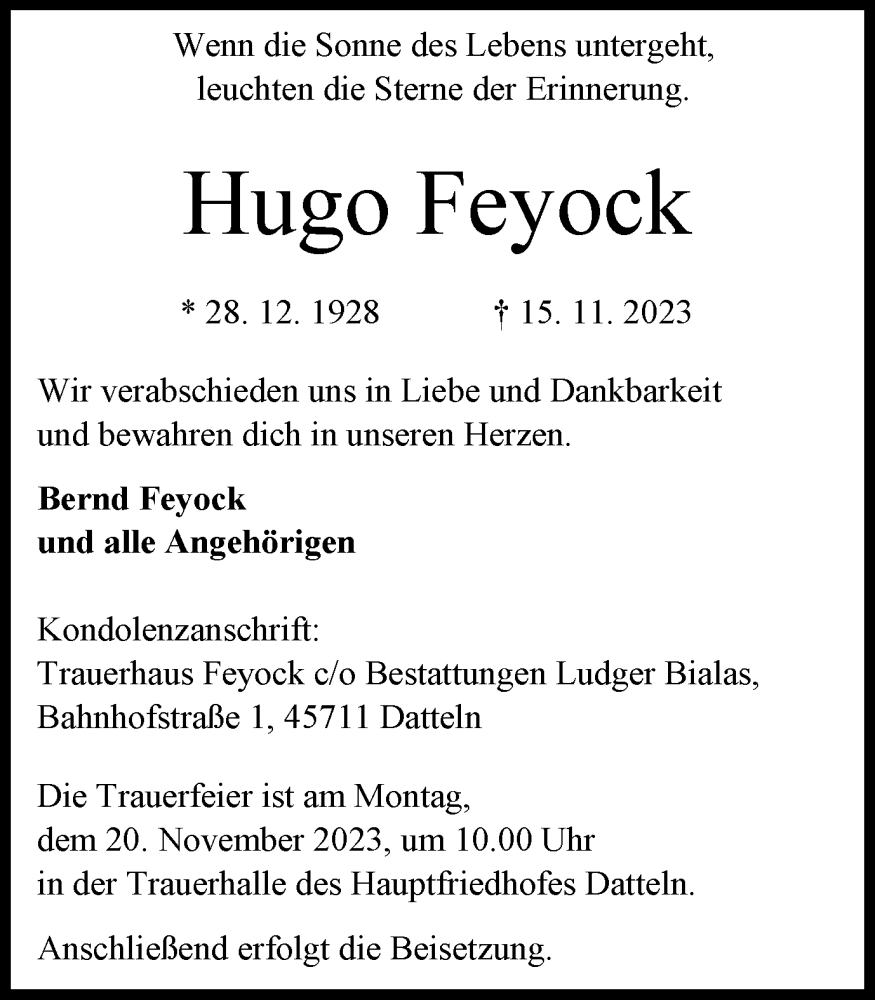  Traueranzeige für Hugo Feyock vom 18.11.2023 aus Medienhaus Bauer