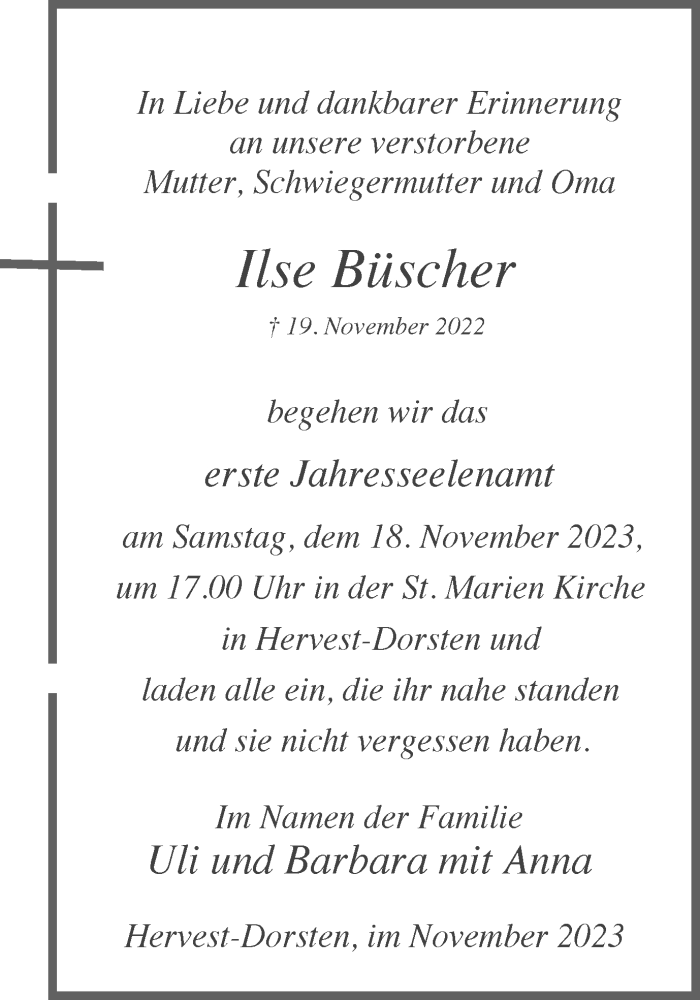  Traueranzeige für Ilse Büscher vom 11.11.2023 aus Ruhr Nachrichten und Dorstener Zeitung