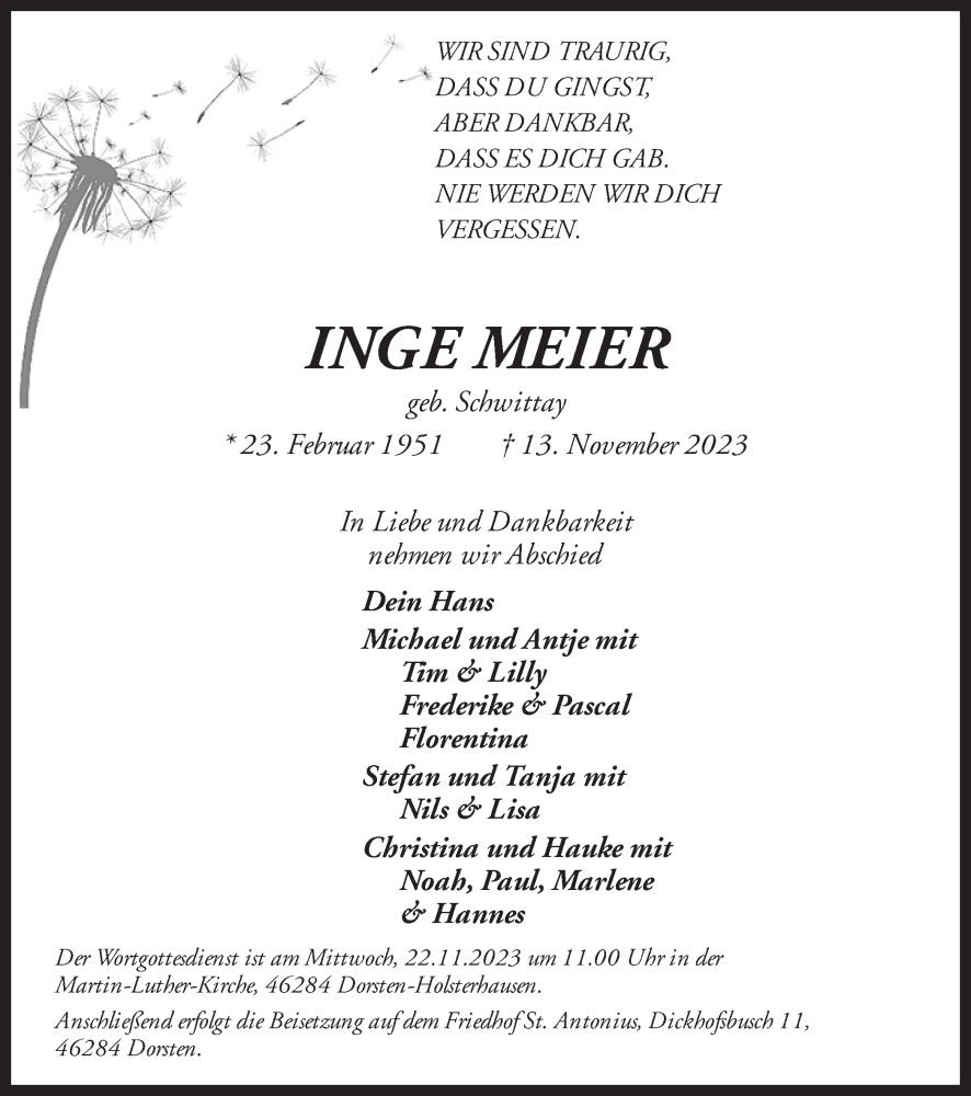  Traueranzeige für Inge Meier vom 18.11.2023 aus Ruhr Nachrichten und Dorstener Zeitung
