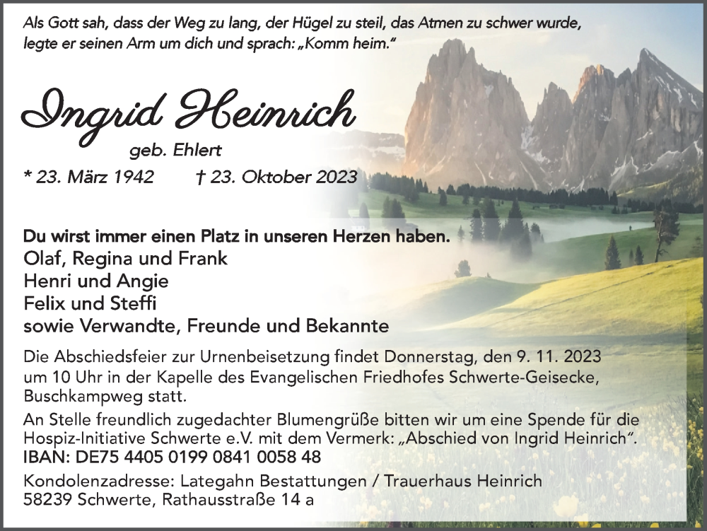  Traueranzeige für Ingrid Heinrich vom 04.11.2023 aus Ruhr Nachrichten