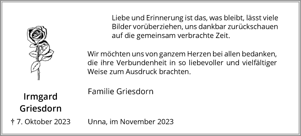  Traueranzeige für Irmgard Griesdorn vom 16.11.2023 aus Hellweger Anzeiger