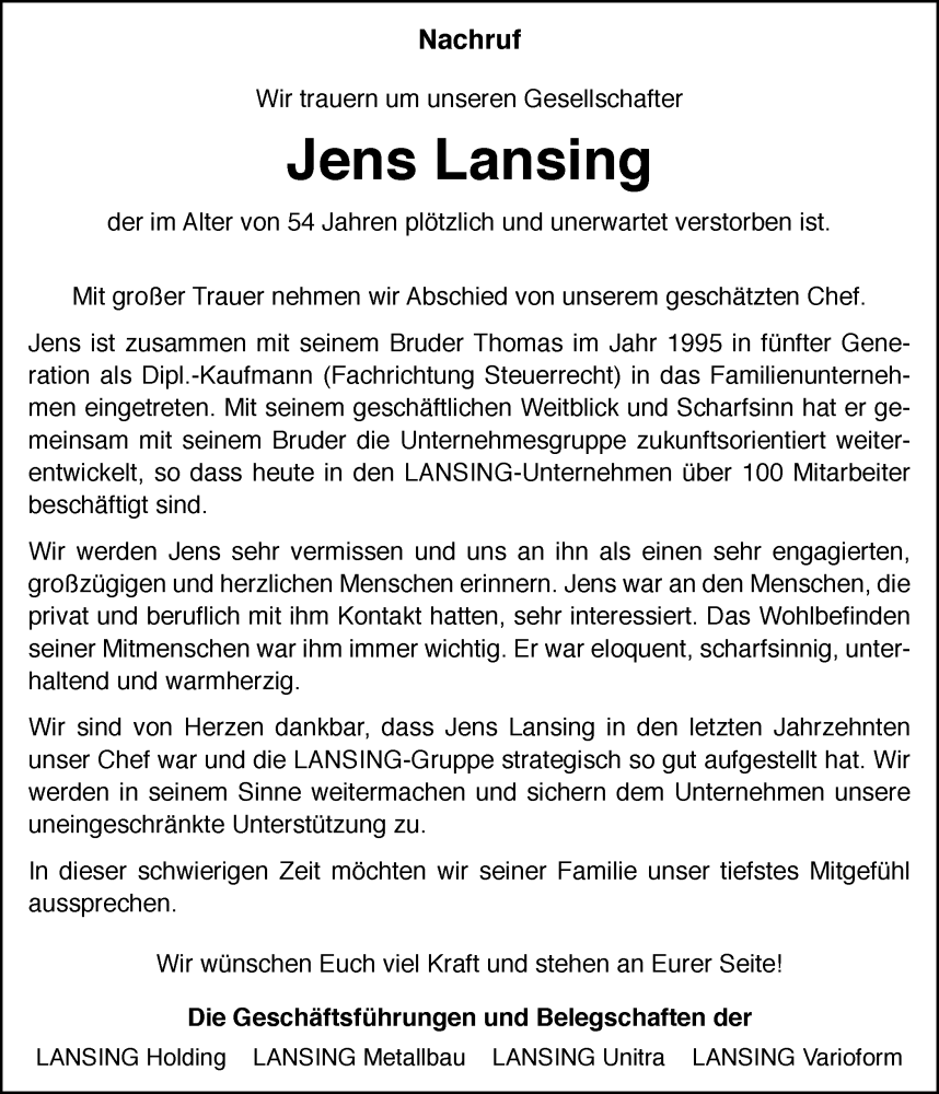 Traueranzeige für Jens Lansing vom 18.11.2023 aus Münstersche Zeitung und Münsterland Zeitung