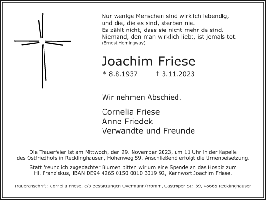Traueranzeige von Joachim Friese von Medienhaus Bauer