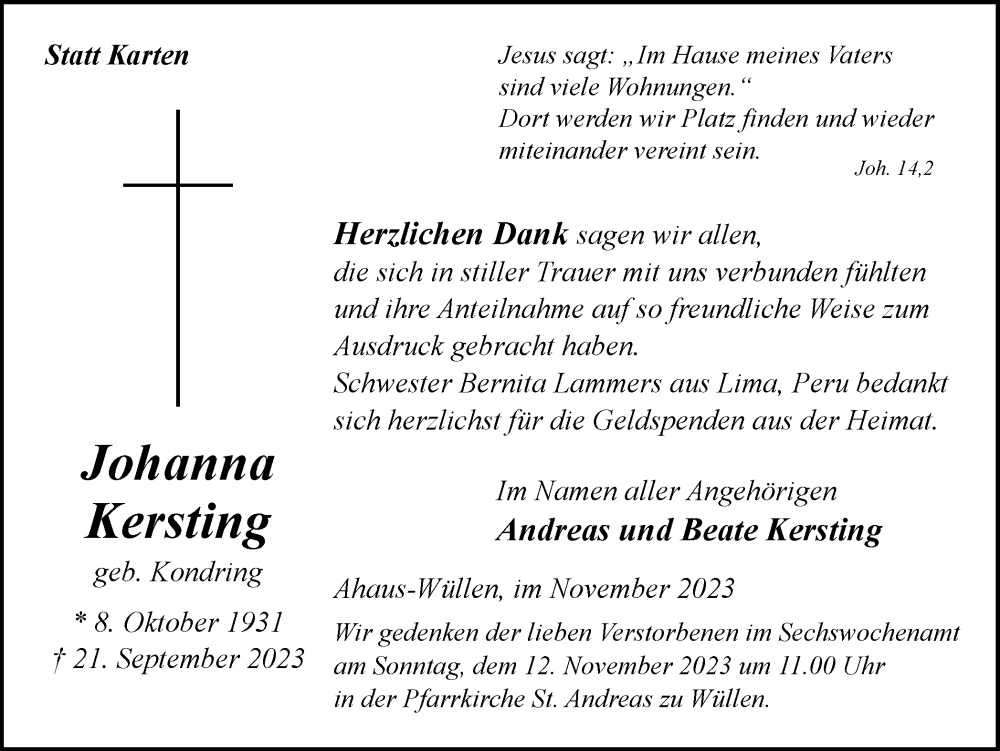  Traueranzeige für Johanna Kersting vom 09.11.2023 aus Münstersche Zeitung und Münsterland Zeitung