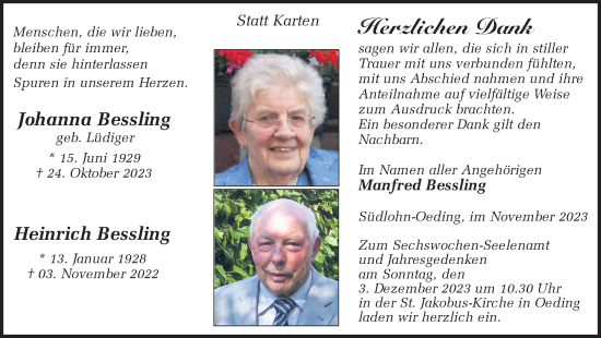 Traueranzeige von Johanna und Heinrich Bessling von Münstersche Zeitung und Münsterland Zeitung