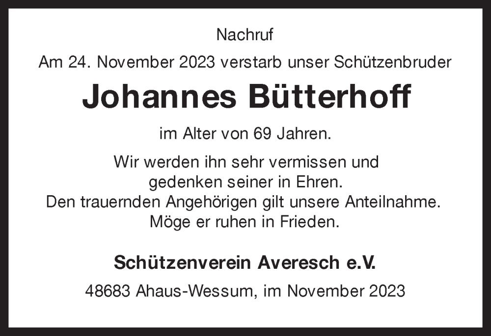  Traueranzeige für Johannes Bütterhoff vom 30.11.2023 aus Münstersche Zeitung und Münsterland Zeitung