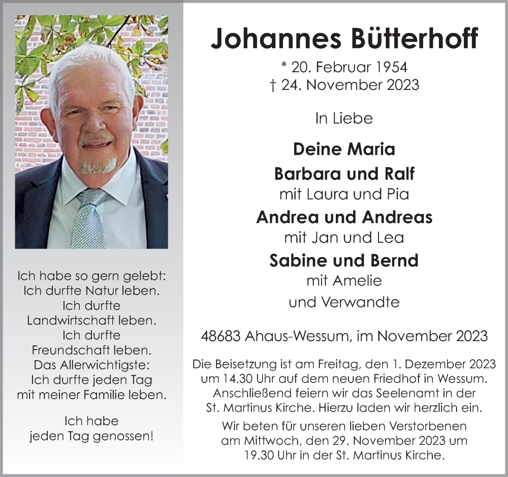  Traueranzeige für Johannes Bütterhoff vom 28.11.2023 aus Münstersche Zeitung und Münsterland Zeitung