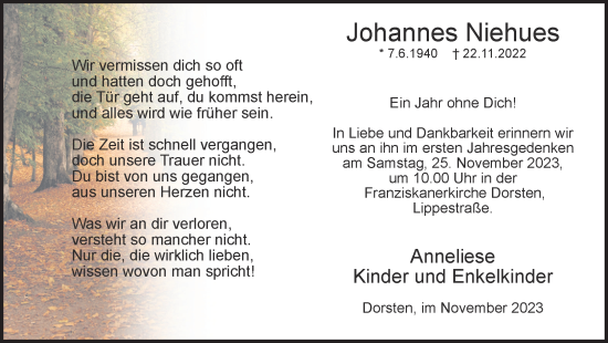 Traueranzeige von Johannes Niehues von Ruhr Nachrichten und Dorstener Zeitung