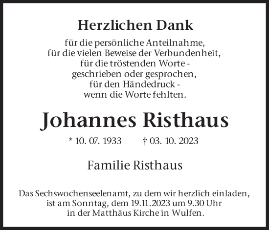 Traueranzeige von Johannes Risthaus von Ruhr Nachrichten und Dorstener Zeitung