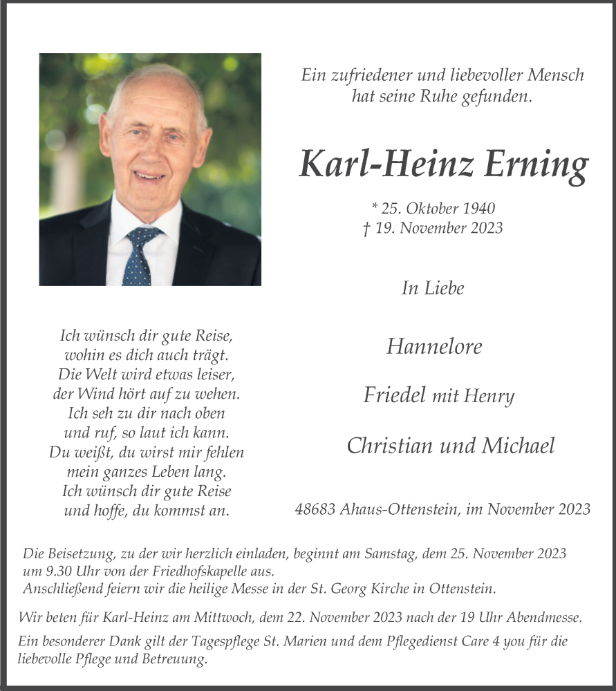  Traueranzeige für Karl-Heinz Erning vom 21.11.2023 aus Münstersche Zeitung und Münsterland Zeitung