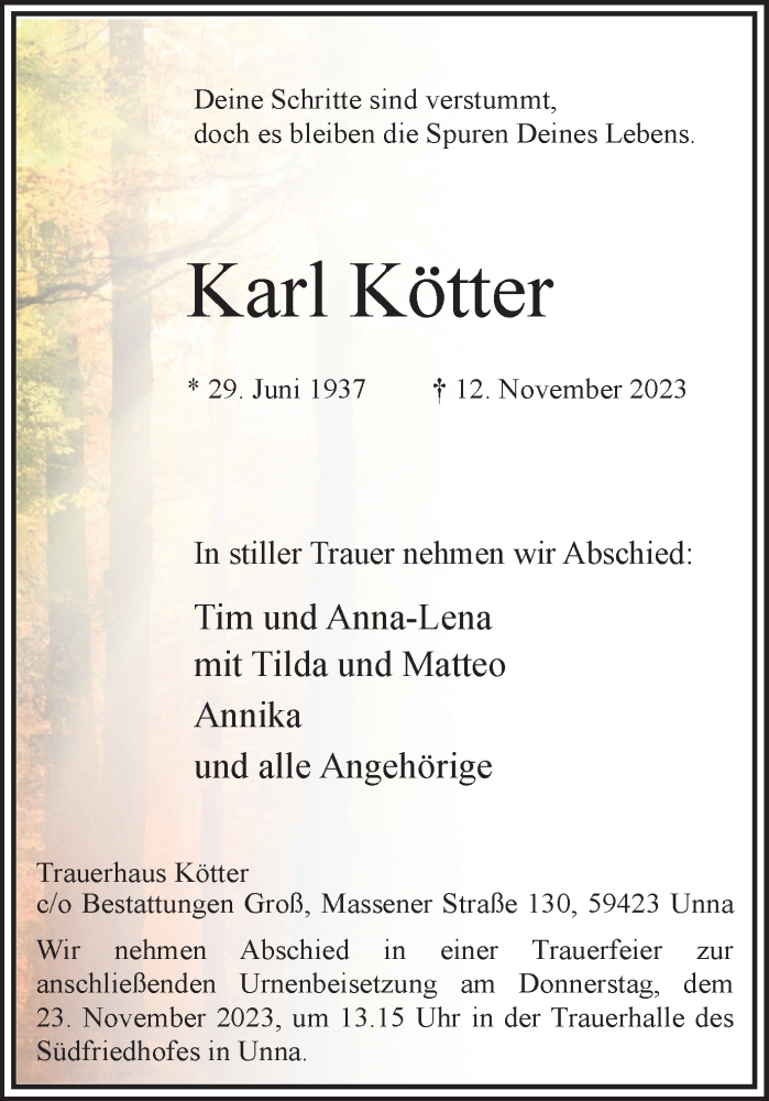  Traueranzeige für Karl Kötter vom 18.11.2023 aus Hellweger Anzeiger